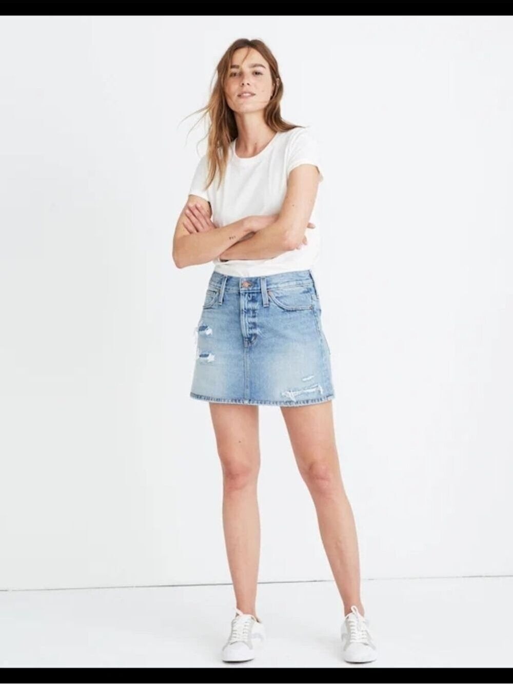 Madewell Glencrest Wash Rigid Denim Mini Skirt Rip Repair